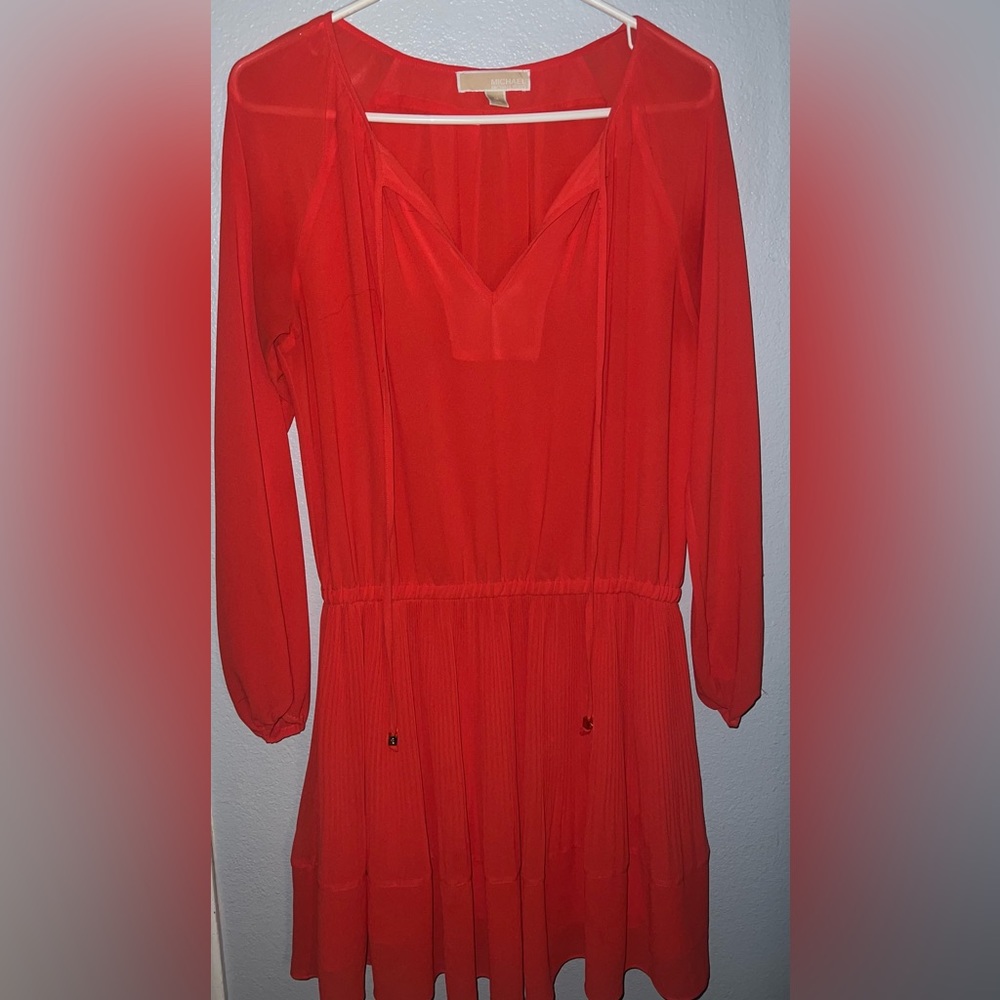 Michael Kors - Pleated Long Sleeve Cinch Waist Dress